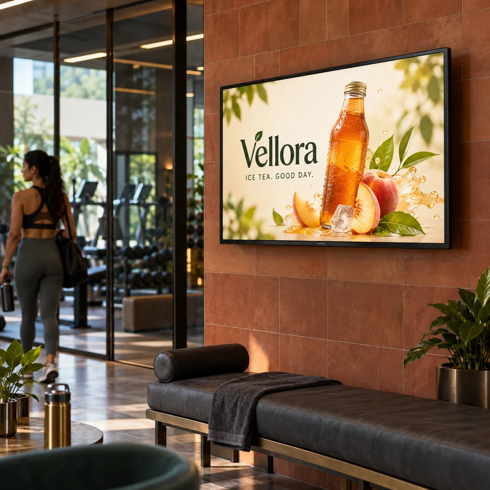Illustrative fictional iced tea campaign on a digital screen in an Indian gym lounge.