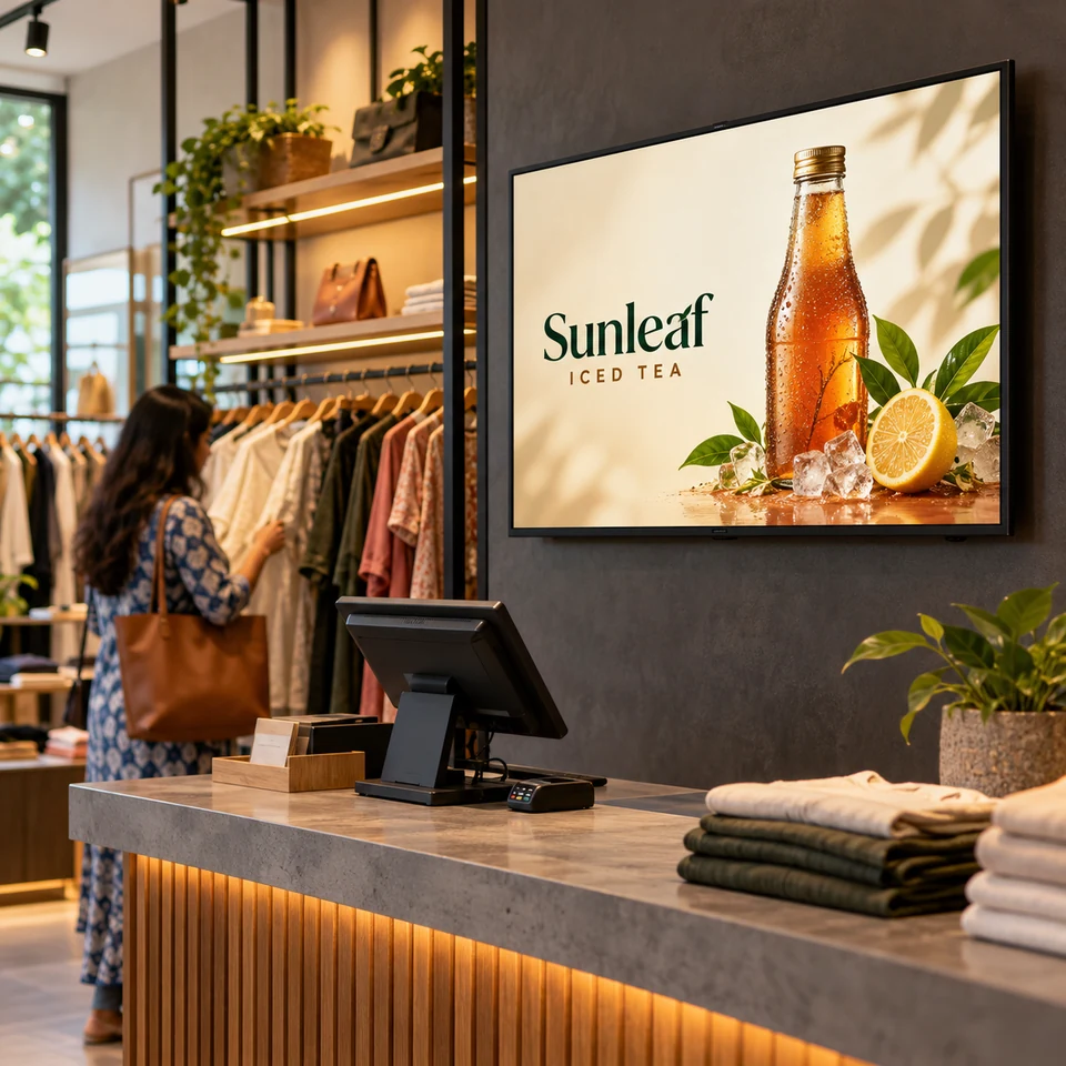 Illustrative fictional iced tea campaign on a digital screen in an Indian boutique.