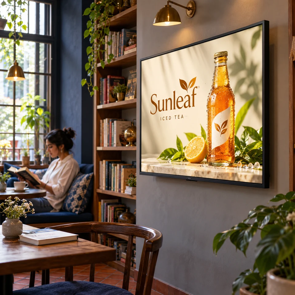 Illustrative fictional iced tea campaign on a digital screen in an Indian book cafe.