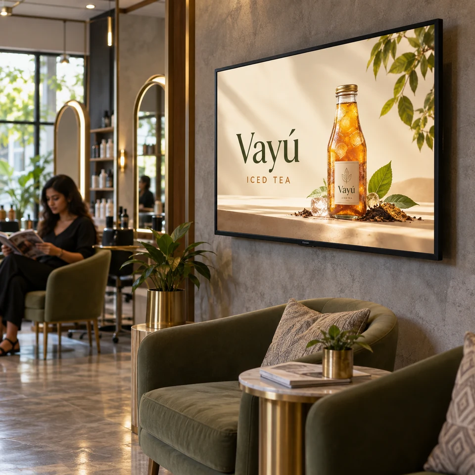 Illustrative fictional iced tea campaign on a digital screen in an Indian salon lounge.