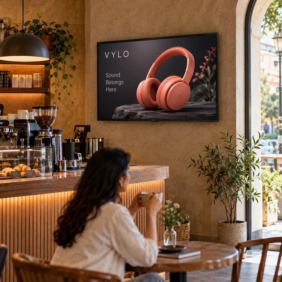 Illustrative fictional coral headphones campaign on a digital screen in an Indian espresso bar.