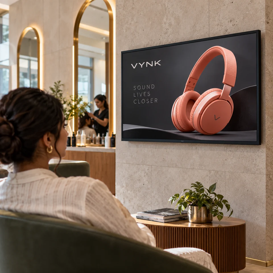 Illustrative fictional coral headphones campaign on a digital screen in an Indian salon reception.