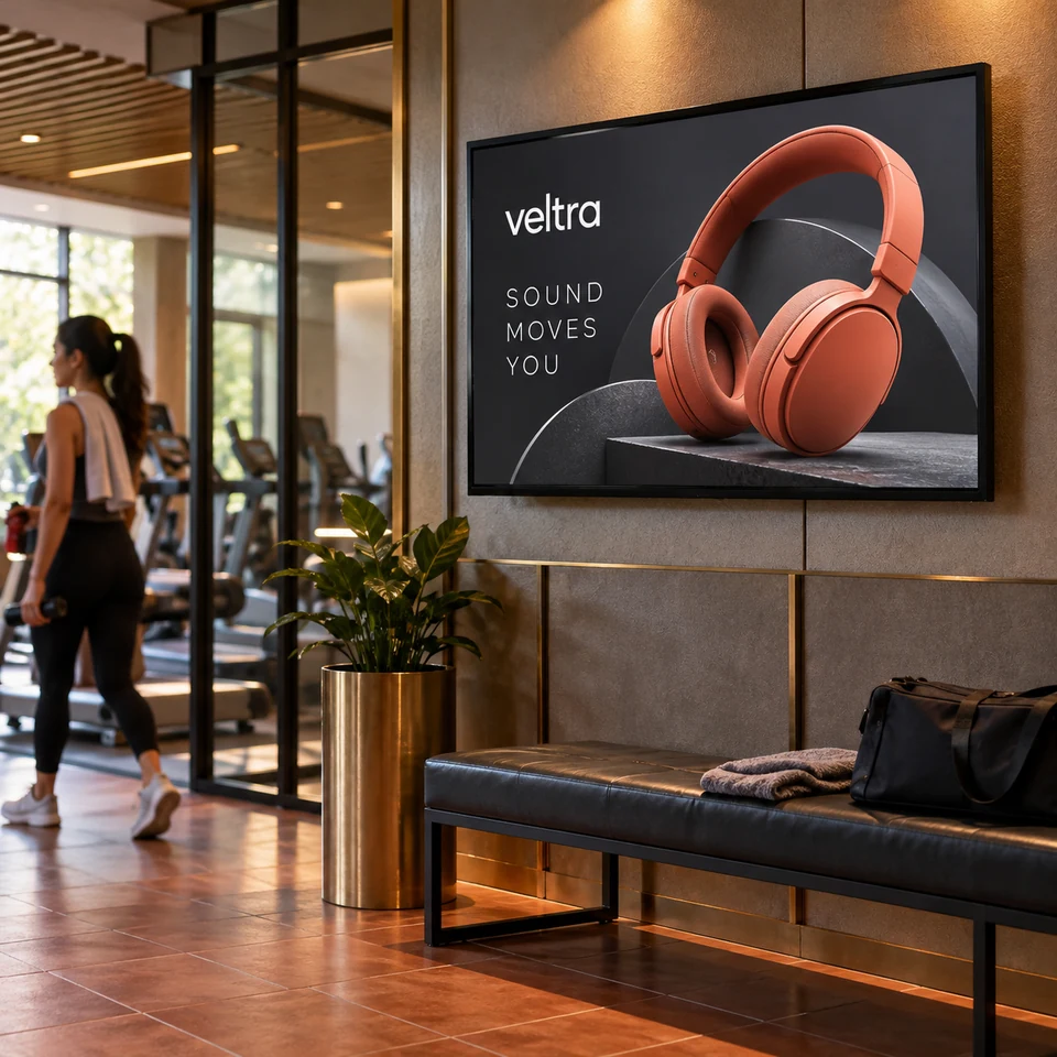 Illustrative fictional coral headphones campaign on a digital screen in an Indian gym lounge.