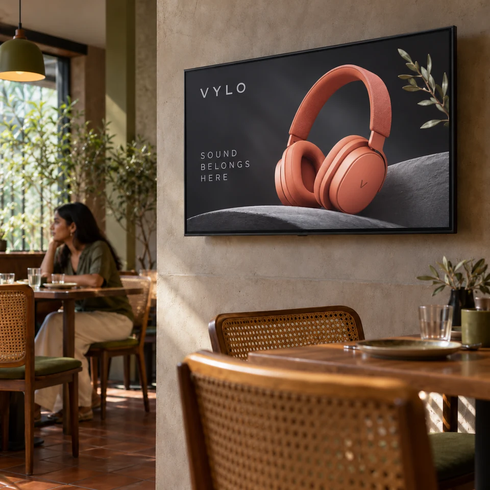Illustrative fictional coral headphones campaign on a digital screen in an Indian restaurant.
