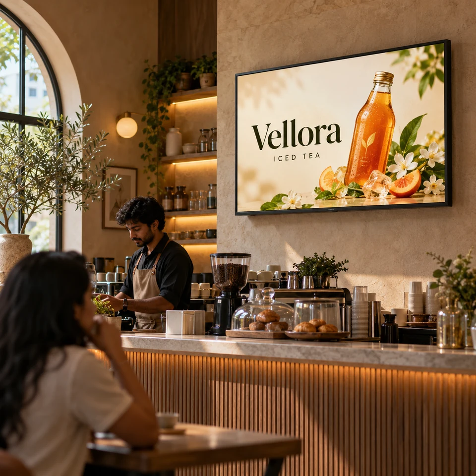 Illustrative fictional iced tea campaign on a digital screen in an Indian espresso bar.