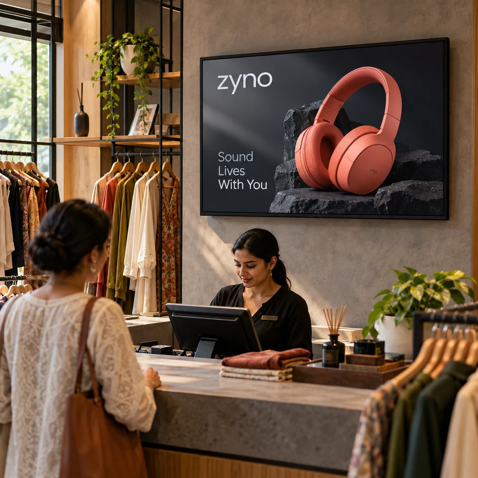 Illustrative fictional coral headphones campaign on a digital screen in an Indian boutique.