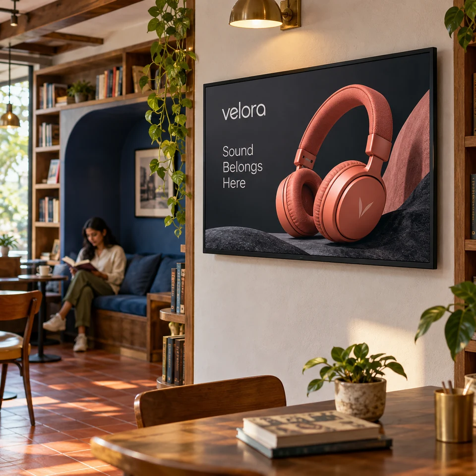 Illustrative fictional coral headphones campaign on a digital screen in an Indian book cafe.
