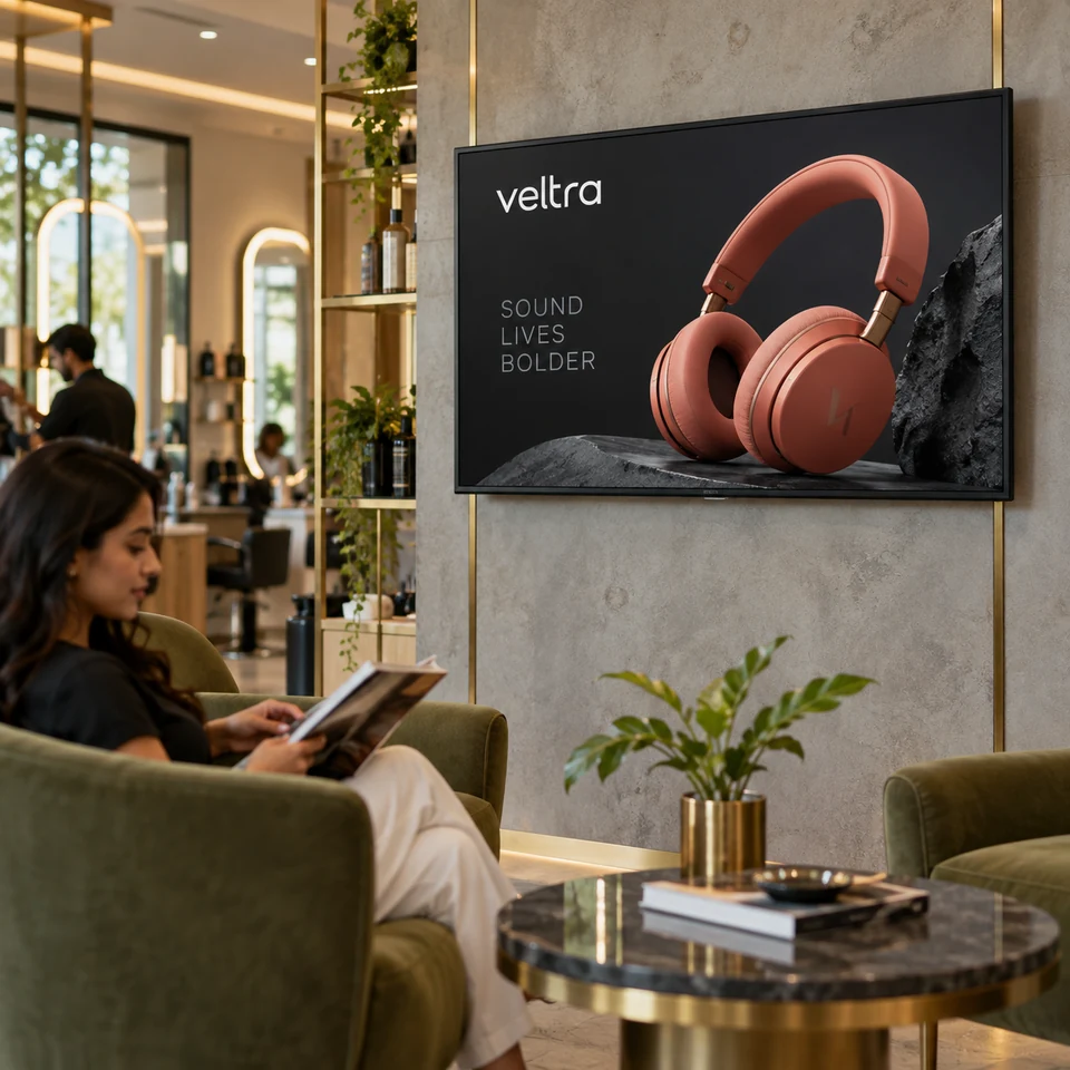 Illustrative fictional coral headphones campaign on a digital screen in an Indian salon lounge.