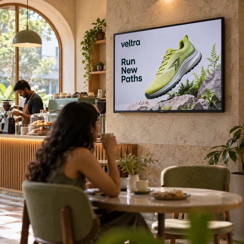 Illustrative fictional lime running shoes campaign on a digital screen in an Indian espresso bar.