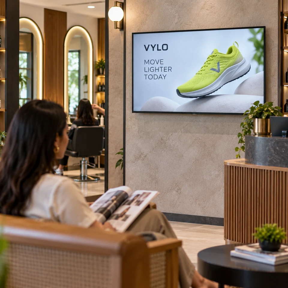 Illustrative fictional lime running shoes campaign on a digital screen in an Indian salon reception.