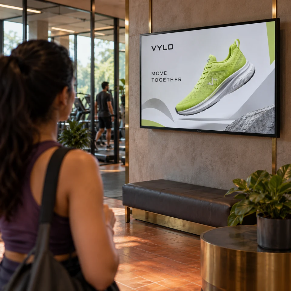 Illustrative fictional lime running shoes campaign on a digital screen in an Indian gym lounge.