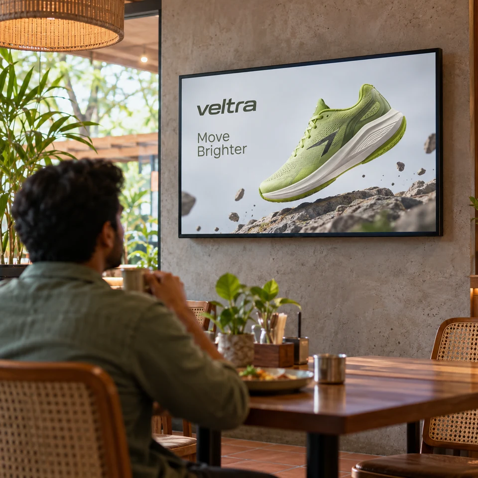 Illustrative fictional lime running shoes campaign on a digital screen in an Indian restaurant.