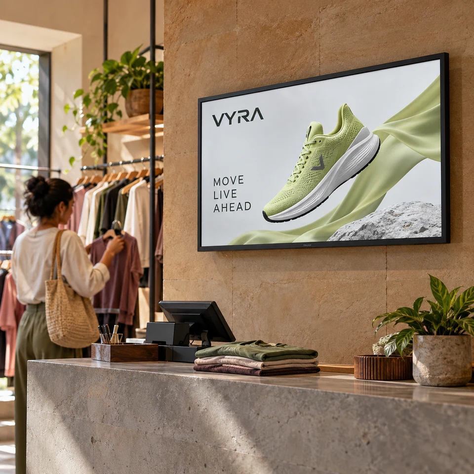 Illustrative fictional lime running shoes campaign on a digital screen in an Indian boutique.