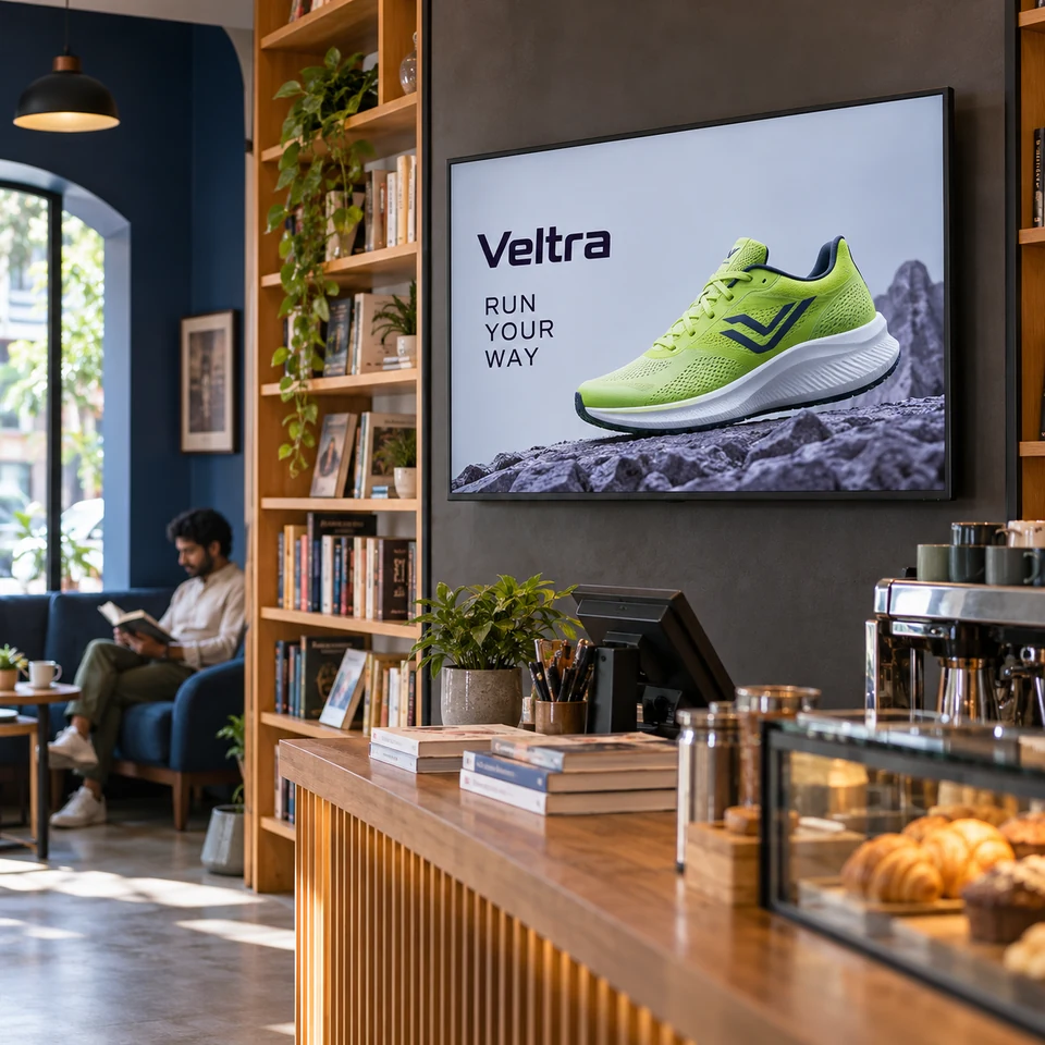 Illustrative fictional lime running shoes campaign on a digital screen in an Indian book cafe.