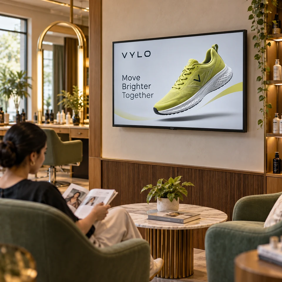 Illustrative fictional lime running shoes campaign on a digital screen in an Indian salon lounge.