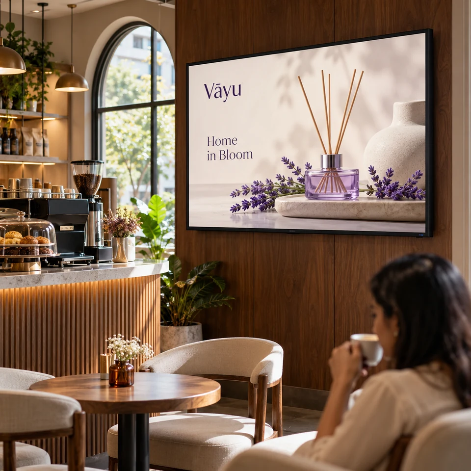 Illustrative fictional lavender home fragrance campaign on a digital screen in an Indian espresso bar.