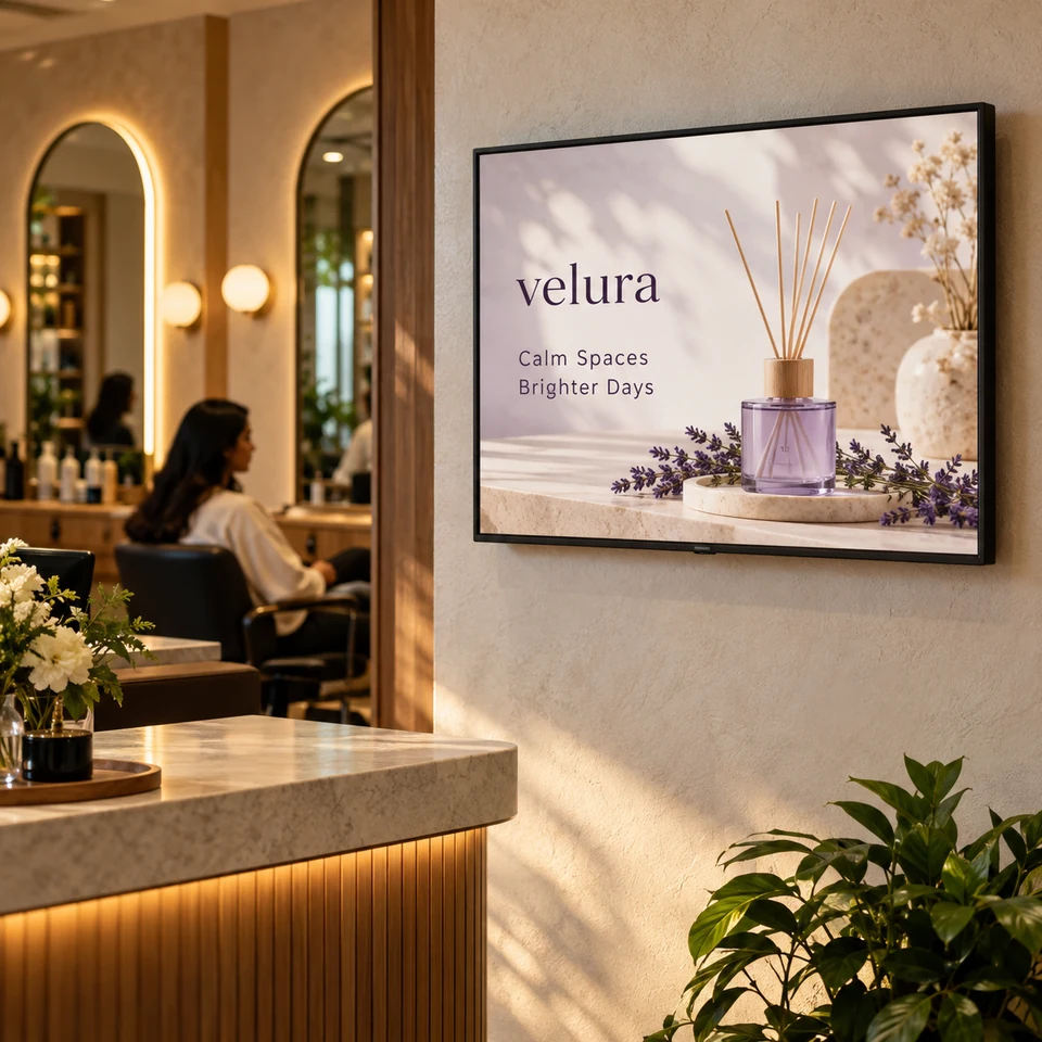 Illustrative fictional lavender home fragrance campaign on a digital screen in an Indian salon reception.