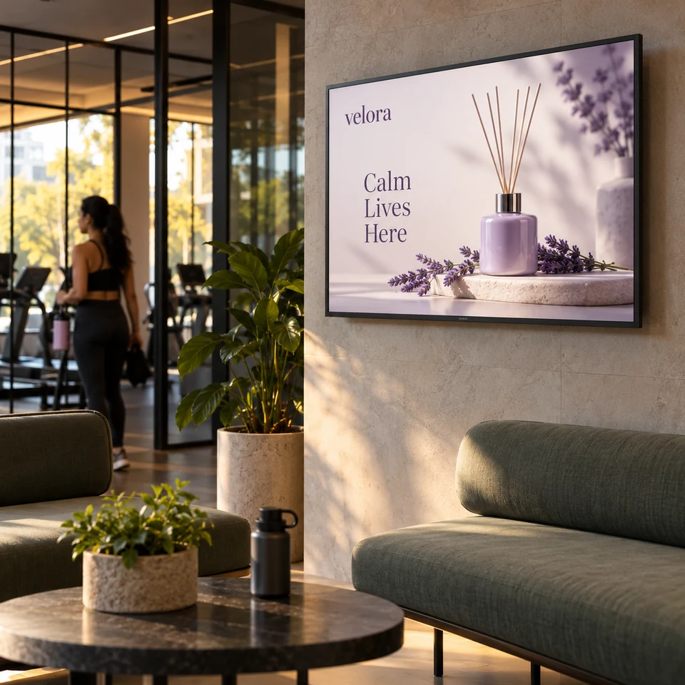 Illustrative fictional lavender home fragrance campaign on a digital screen in an Indian gym lounge.