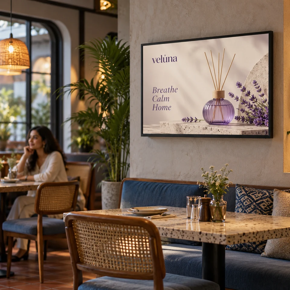 Illustrative fictional lavender home fragrance campaign on a digital screen in an Indian restaurant.