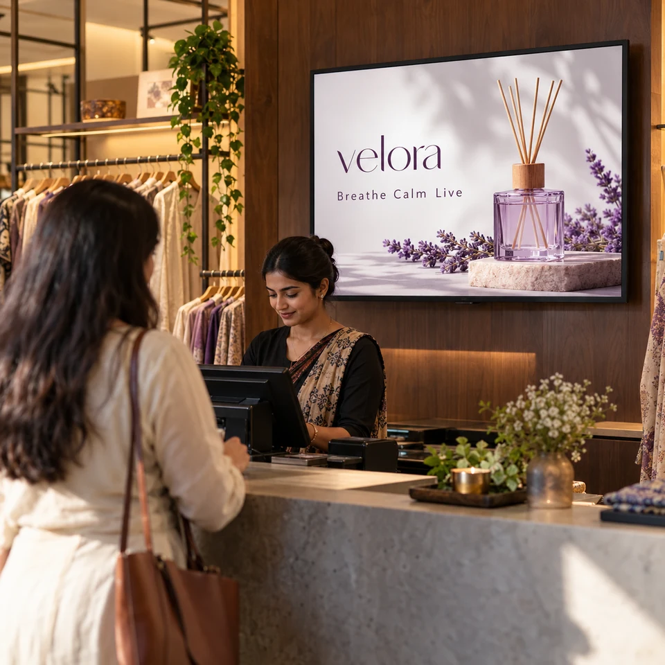 Illustrative fictional lavender home fragrance campaign on a digital screen in an Indian boutique.