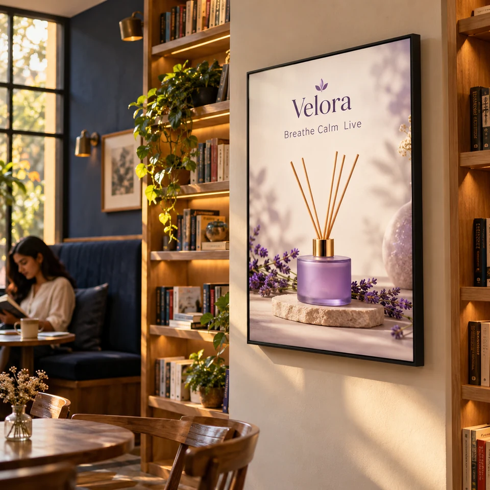 Illustrative fictional lavender home fragrance campaign on a digital screen in an Indian book cafe.
