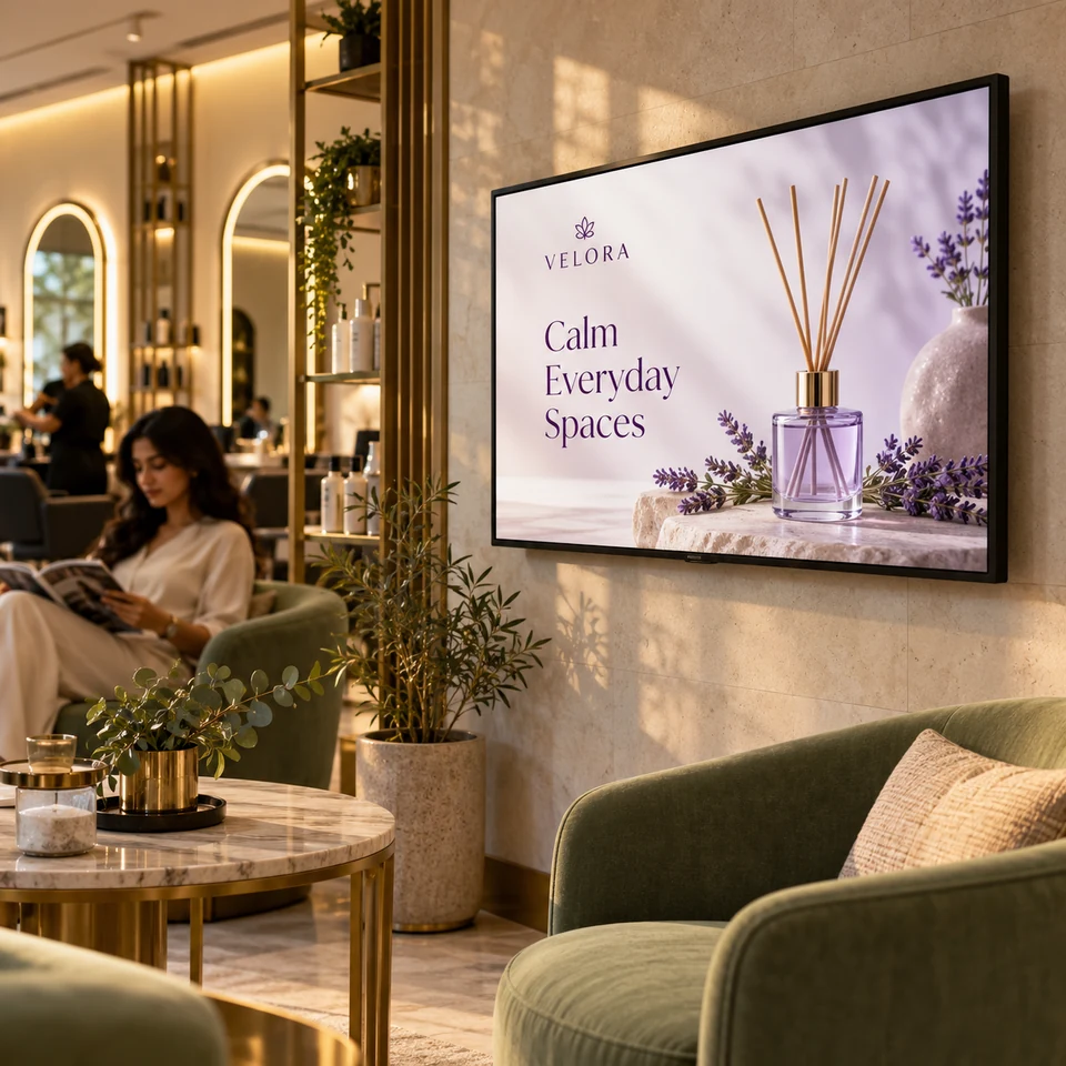 Illustrative fictional lavender home fragrance campaign on a digital screen in an Indian salon lounge.