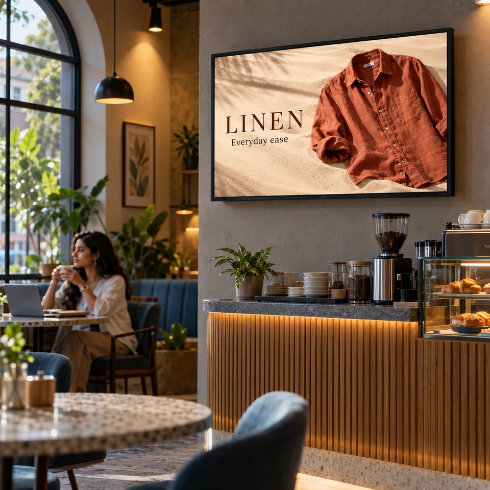 Illustrative linen fashion campaign on a fully framed digital screen in an Indian business.