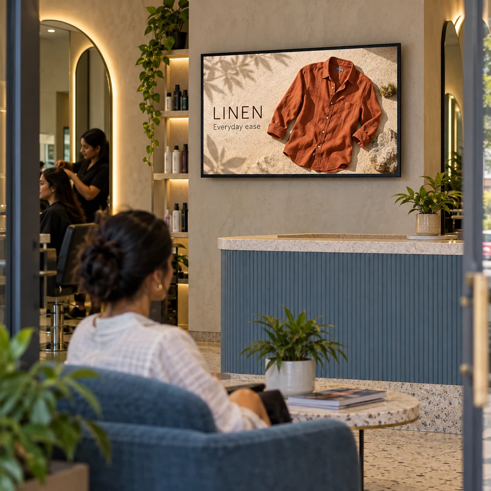 Illustrative linen fashion campaign on a fully framed digital screen in an Indian business.