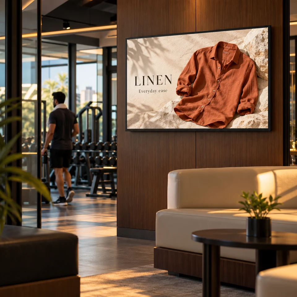 Illustrative linen fashion campaign on a fully framed digital screen in an Indian business.