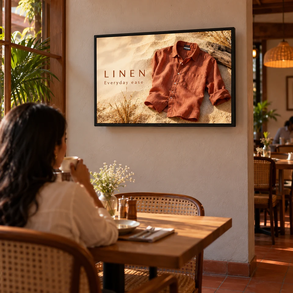 Illustrative linen fashion campaign on a fully framed digital screen in an Indian business.
