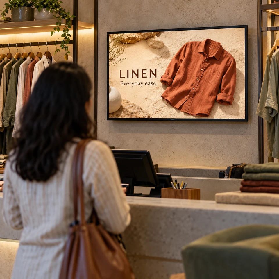 Illustrative linen fashion campaign on a fully framed digital screen in an Indian business.