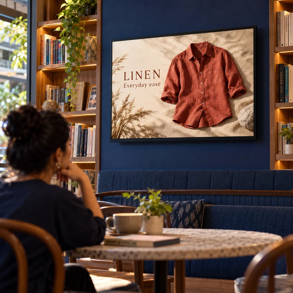Illustrative linen fashion campaign on a fully framed digital screen in an Indian business.
