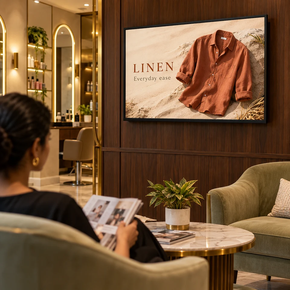 Illustrative linen fashion campaign on a fully framed digital screen in an Indian business.