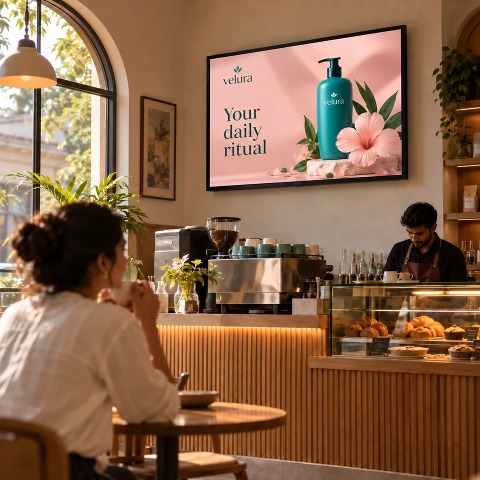 Illustrative haircare campaign on a fully framed digital screen in an Indian business.
