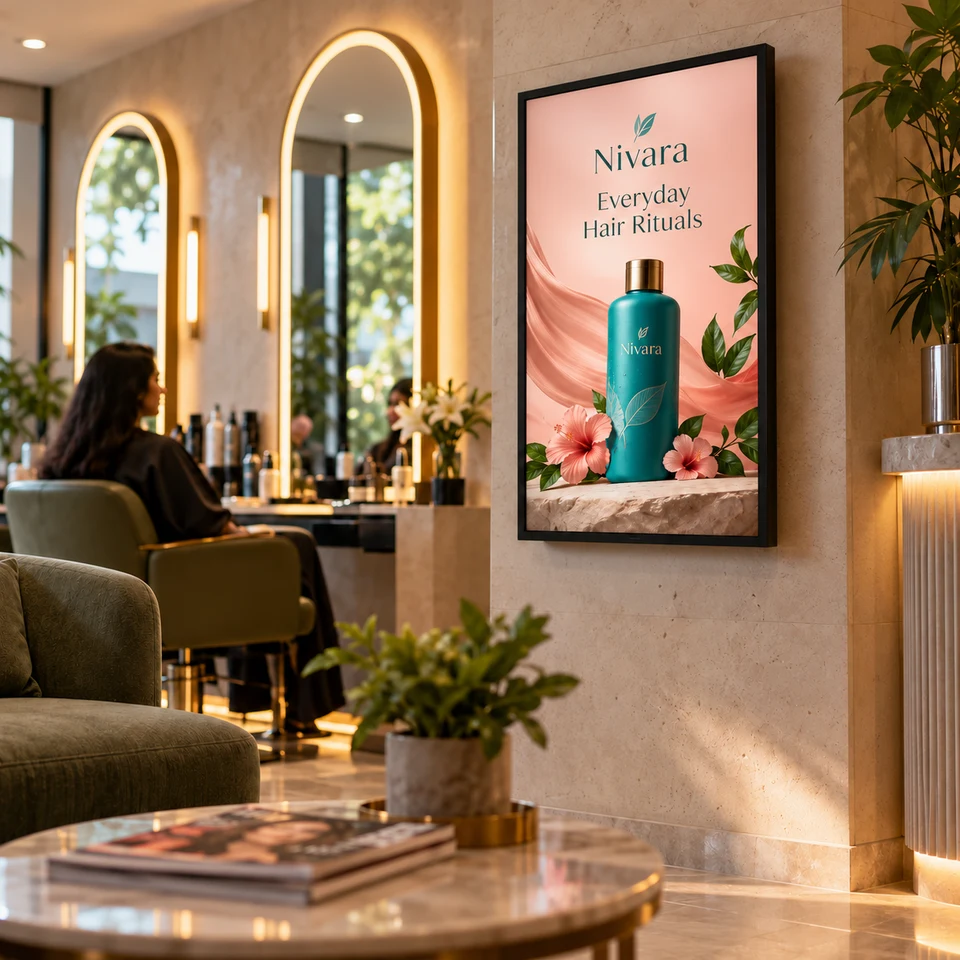 Illustrative haircare campaign on a fully framed digital screen in an Indian business.