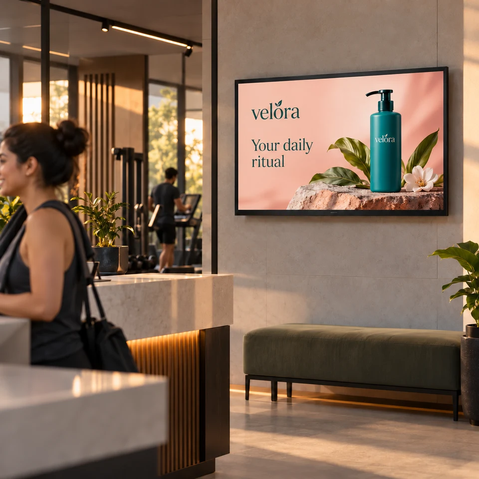 Illustrative haircare campaign on a fully framed digital screen in an Indian business.