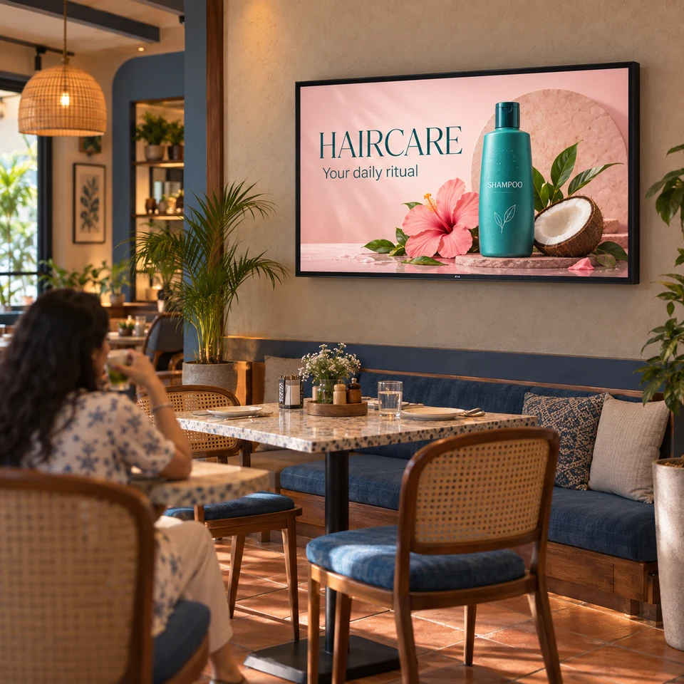 Illustrative haircare campaign on a fully framed digital screen in an Indian business.