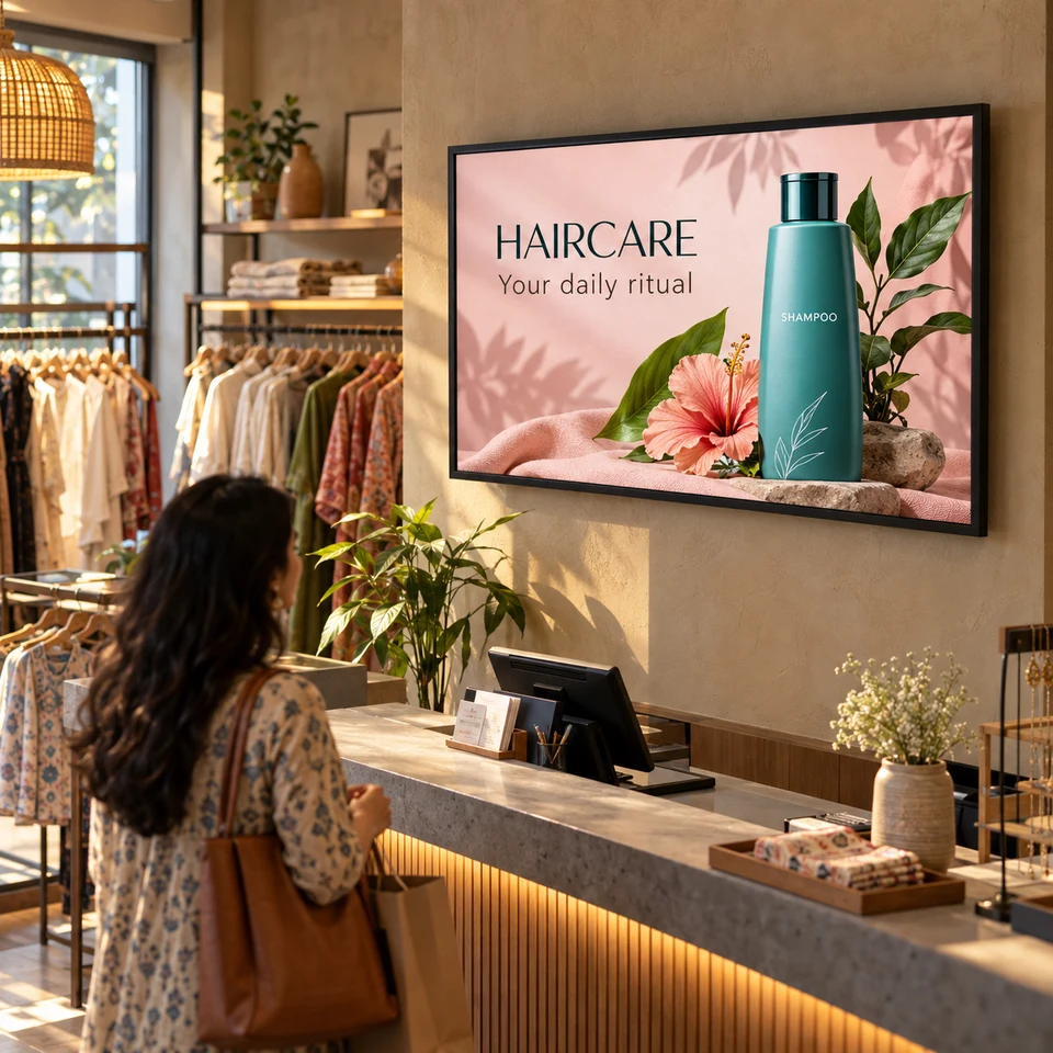 Illustrative haircare campaign on a fully framed digital screen in an Indian business.