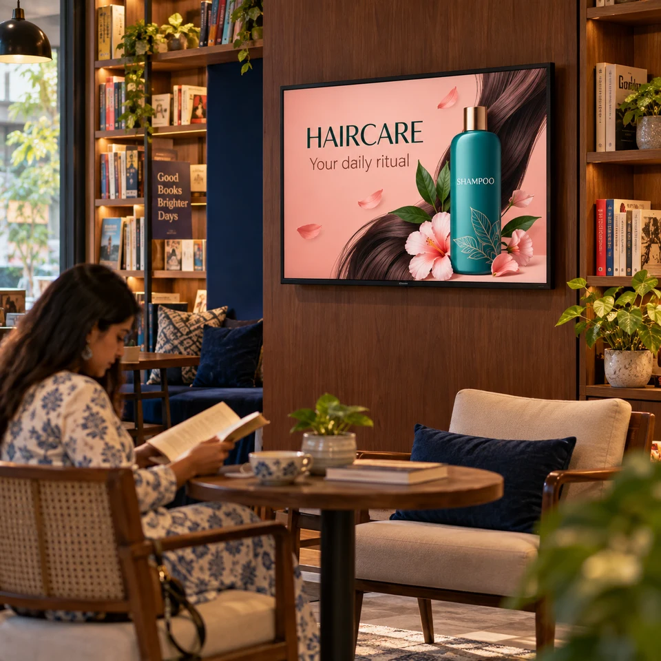 Illustrative haircare campaign on a fully framed digital screen in an Indian business.