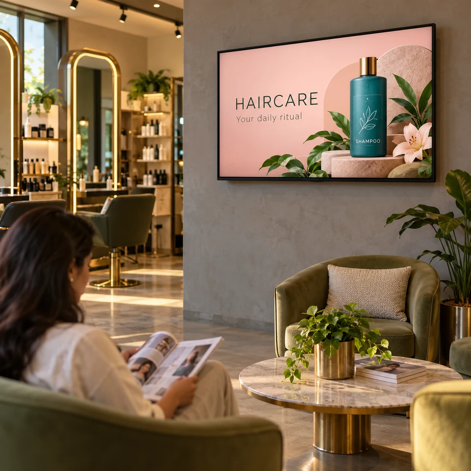 Illustrative haircare campaign on a fully framed digital screen in an Indian business.