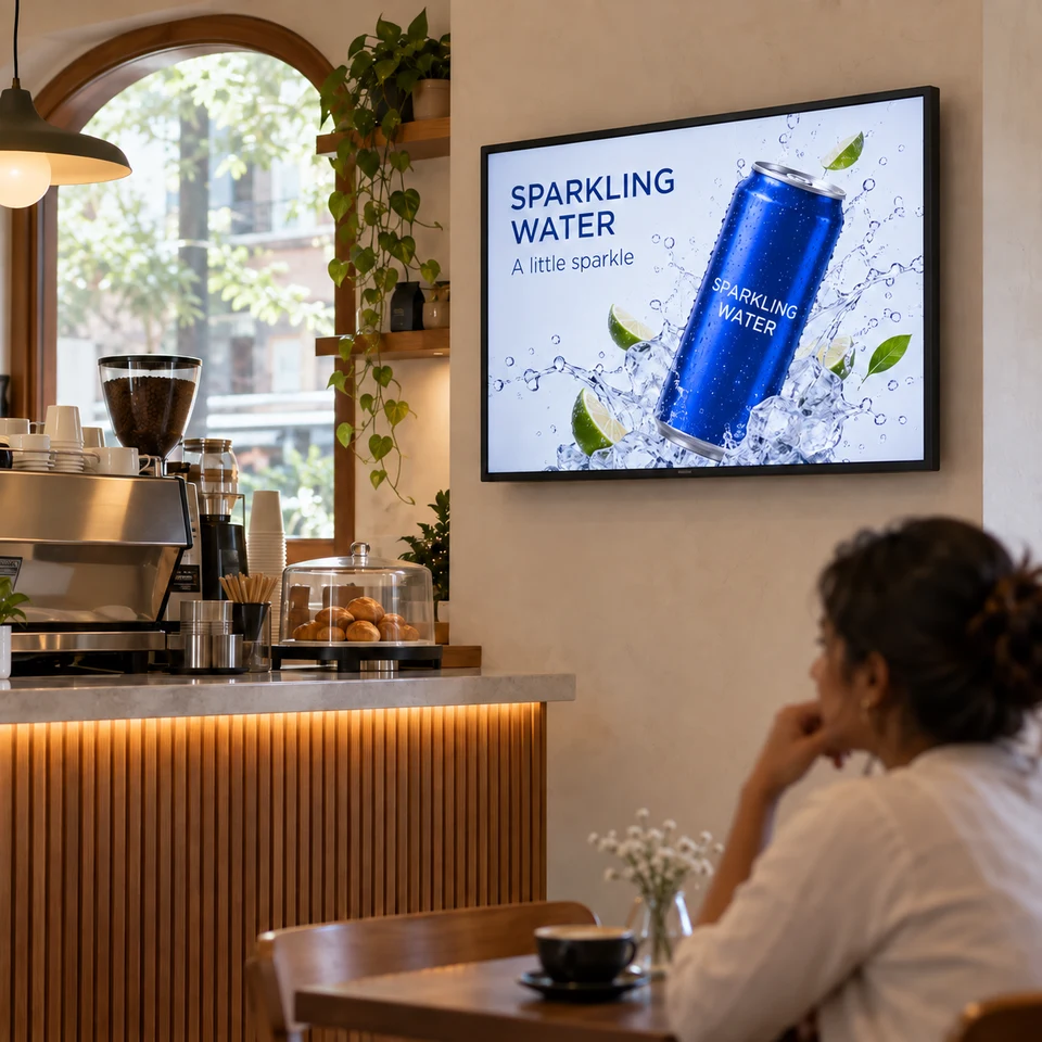 Illustrative sparkling-water campaign on a fully framed digital screen in an Indian business.