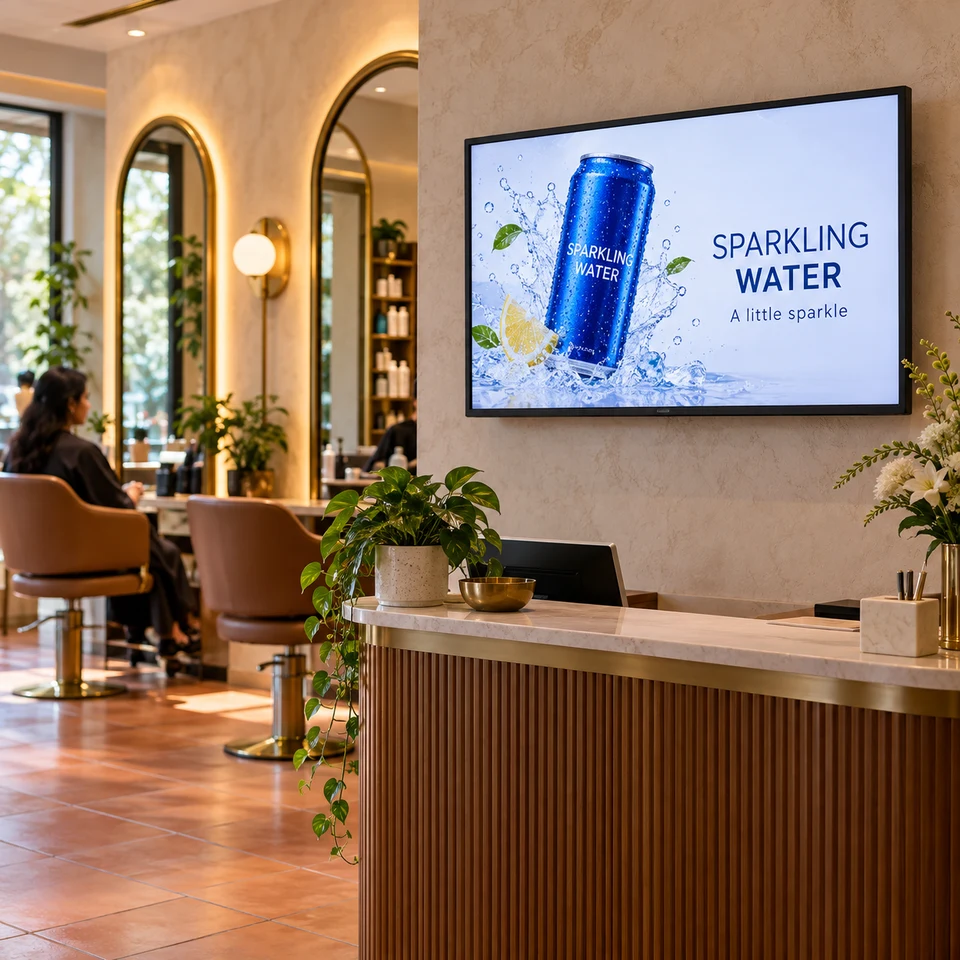 Illustrative sparkling-water campaign on a fully framed digital screen in an Indian business.