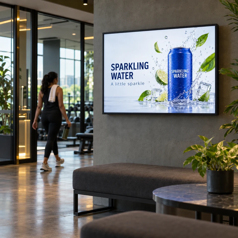 Illustrative sparkling-water campaign on a fully framed digital screen in an Indian business.