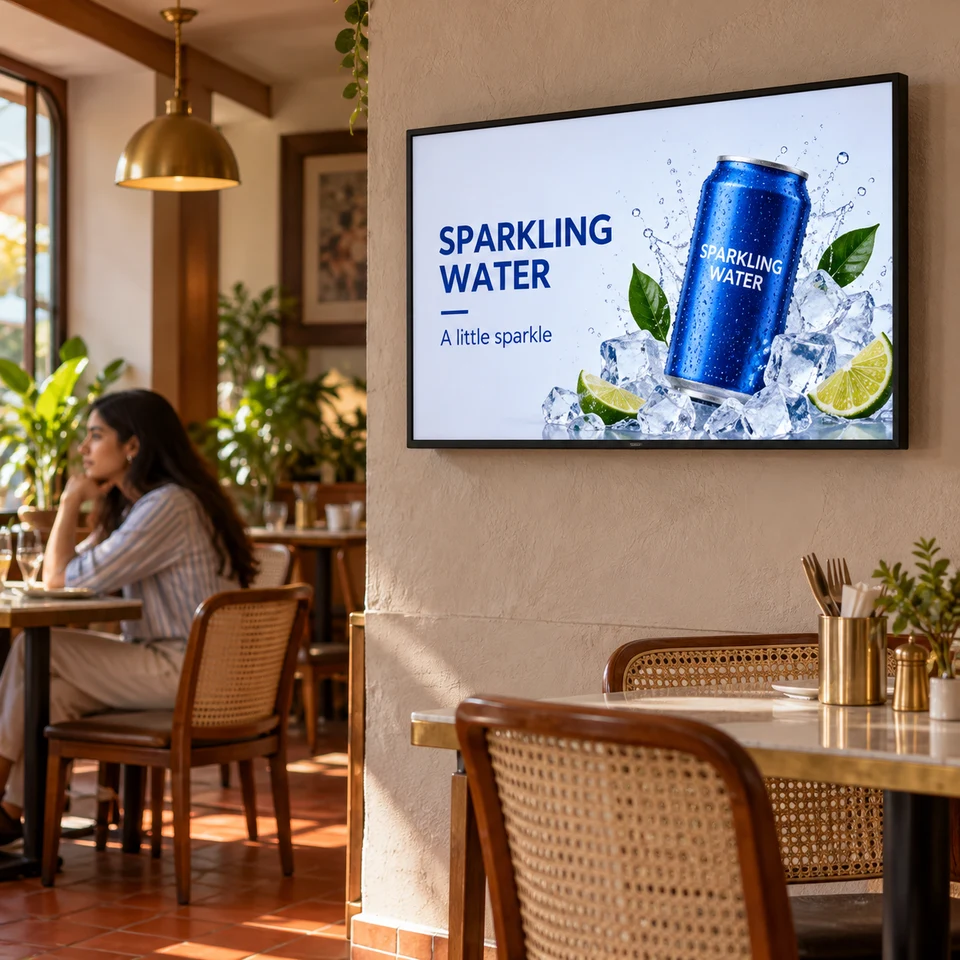 Illustrative sparkling-water campaign on a fully framed digital screen in an Indian business.