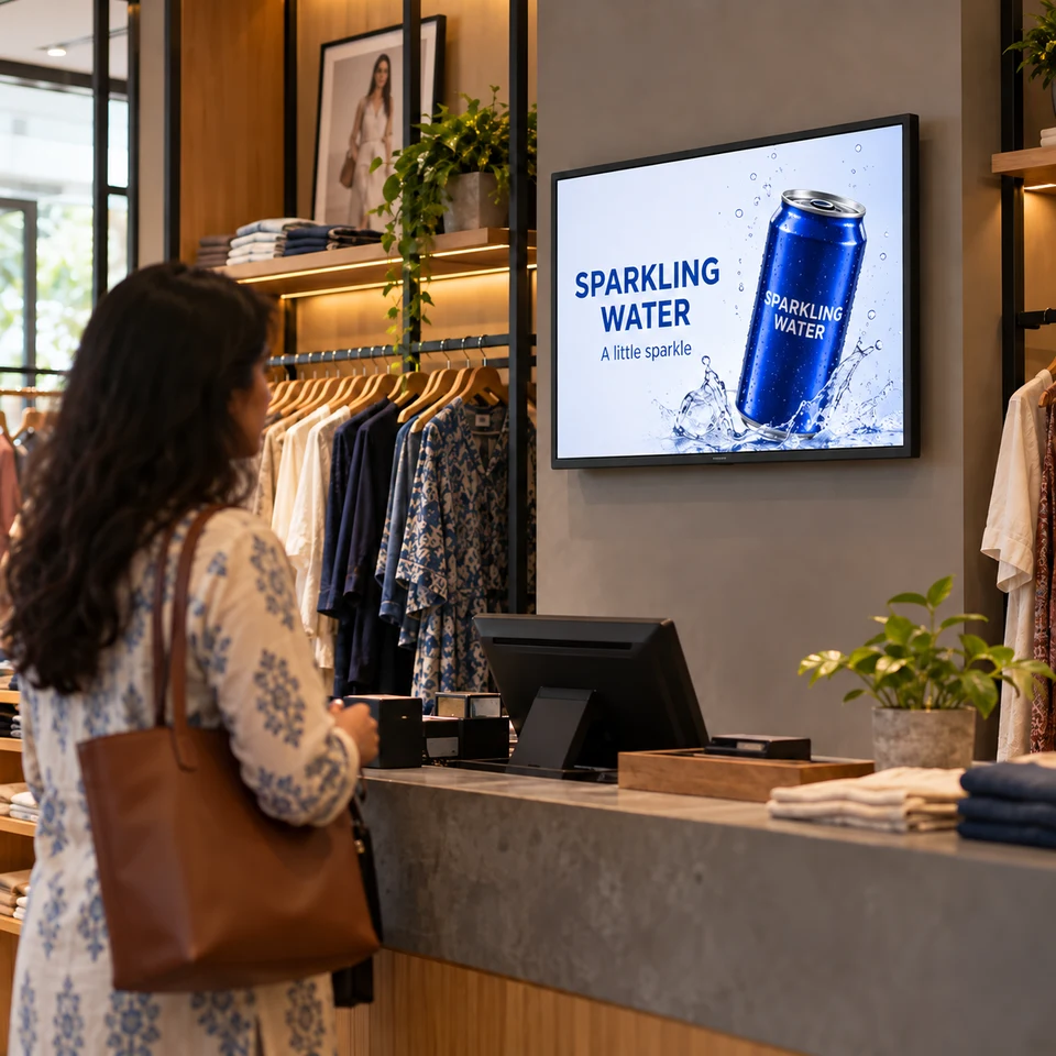 Illustrative sparkling-water campaign on a fully framed digital screen in an Indian business.
