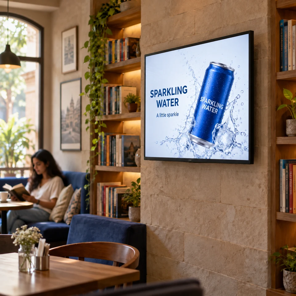 Illustrative sparkling-water campaign on a fully framed digital screen in an Indian business.