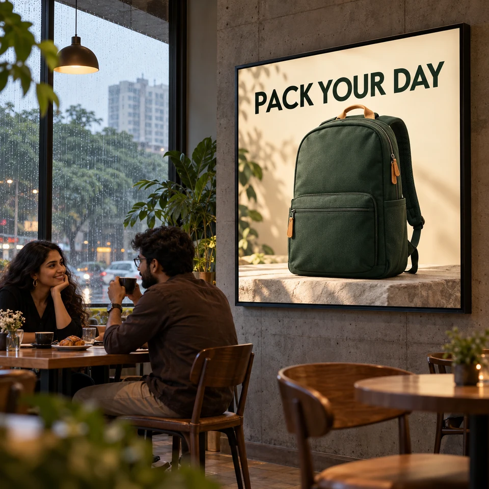 Illustrative backpack campaign on a digital screen in an Indian café.