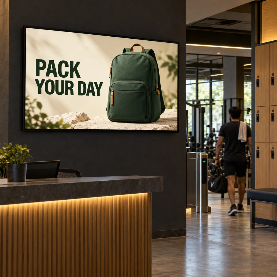 Illustrative backpack campaign on a digital screen in an Indian fitness centre.