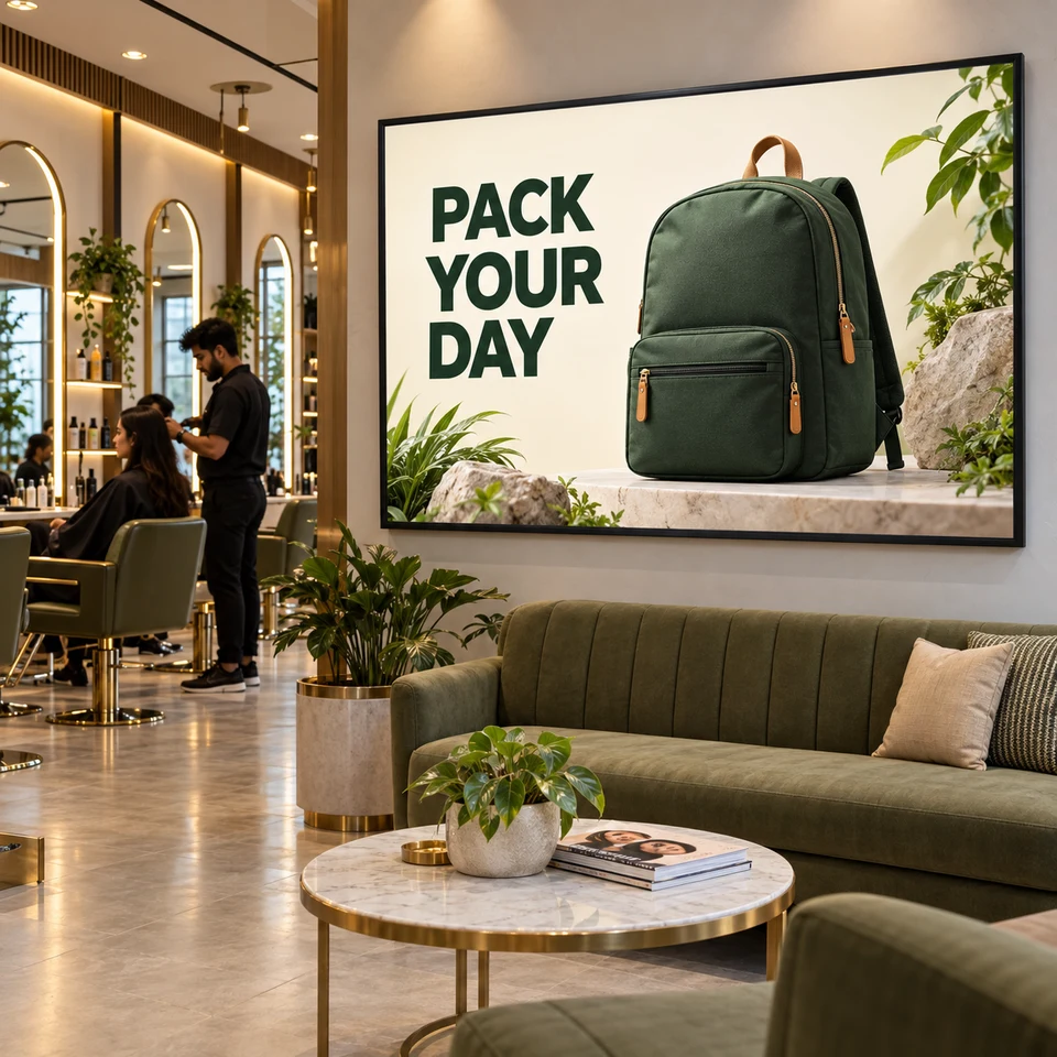 Illustrative backpack campaign on a digital screen in an Indian salon.