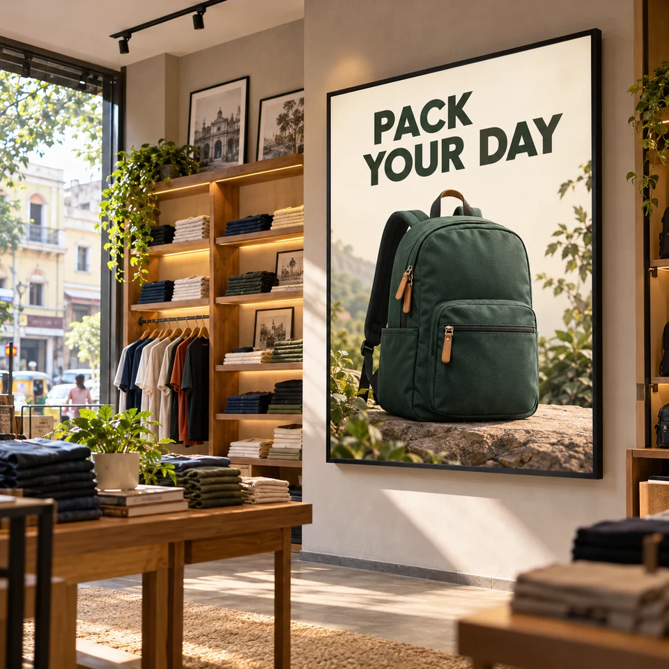 Illustrative backpack campaign on a digital screen in an Indian retail shop.
